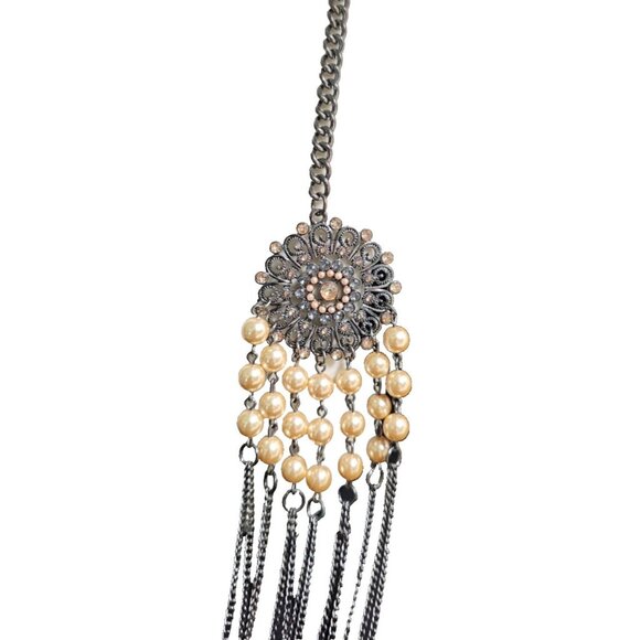 Statement Multi-Strand Necklace Silver Tone Faux Pearl Fringe Boho Style - Picture 3 of 6